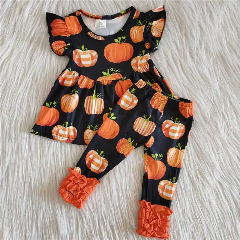 2022 Children Clothing Sets Embroidery Pumpkin Flutter Sleeves Tunic Top Halloween Baby Clothes Leopard Pants Outfits Kids Suits