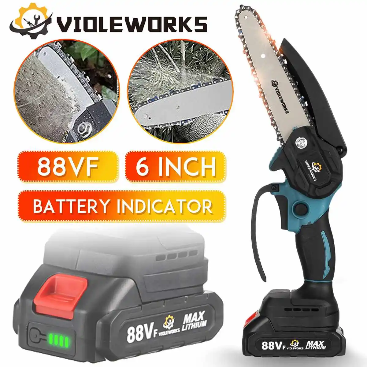 6 Inch Mini Electric Chain Saw With Battery Indicator 1500W 88V Rechargeable Woodworking Tool For Makita Battery 18V EU Plug