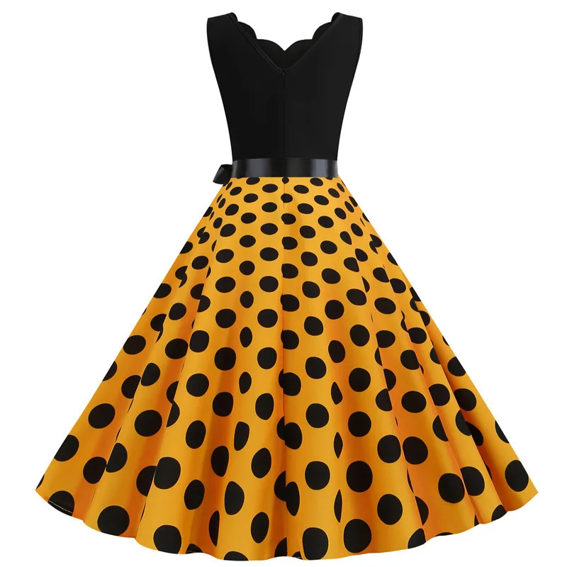 Polka Dot Print Women Summer Dress Black Patchwork Sleeveless V Neck Elegant Vintage Party Casual Midi Dress