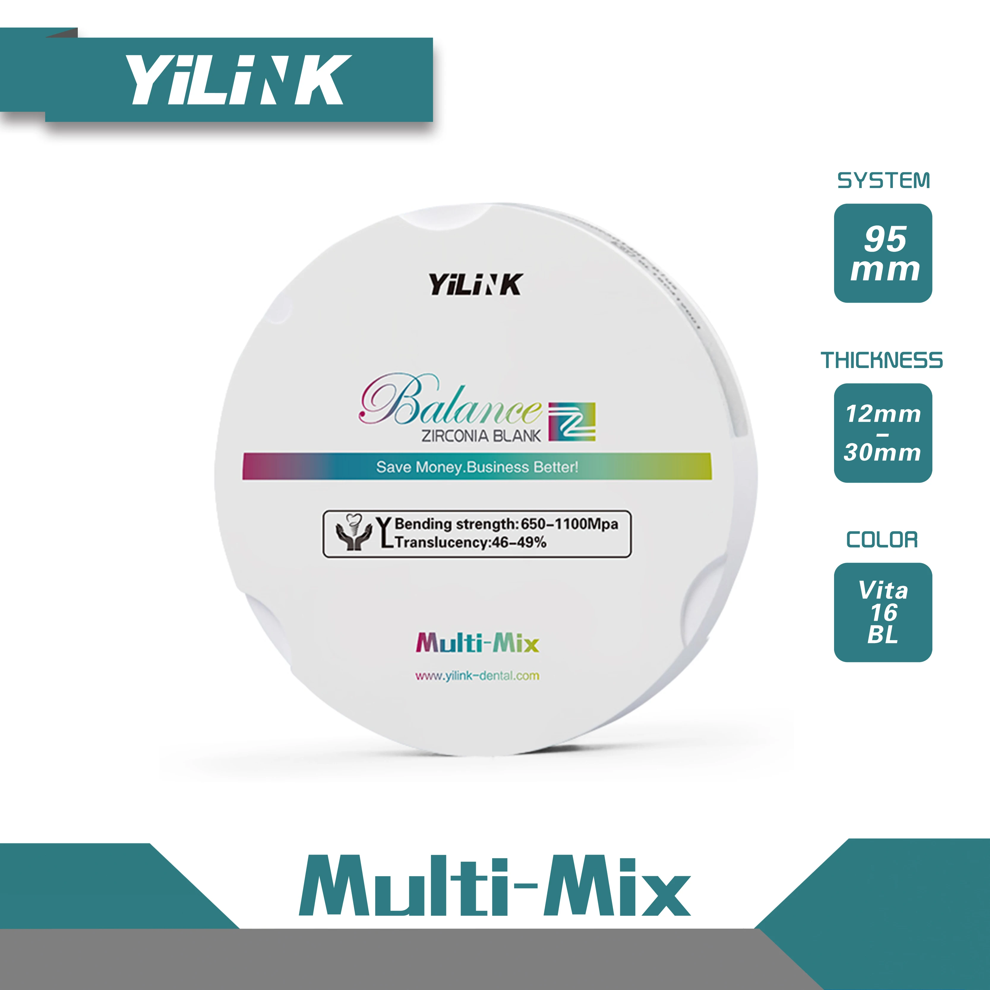 Yilink Multi-mix Zirconia Block Thickness 14mm Vita 16 Color Dentist Esthetic Material for Dental Lab Zirkonzahn 95mm CAD/CAM