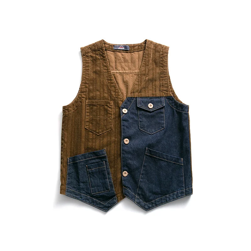 Men's Japanese Corduroy Denim Vest Spring Autumn Casual Waistcoat Patchwork Worker Labor Wester Cowboy Sleevless Jacket Coat