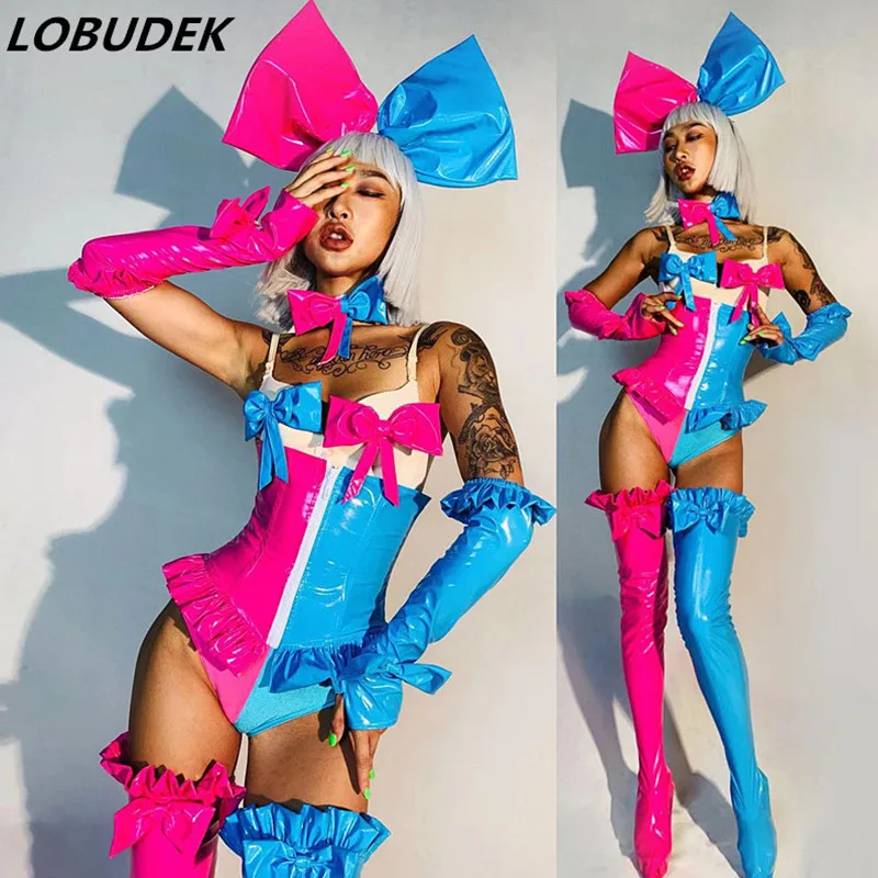 Lady Dance Team Jazz Costume Pink Blue Splicing Bodysuit Bow Leggings Headdress Bar Party Show Stage Outfit Nightclub Dance Wear