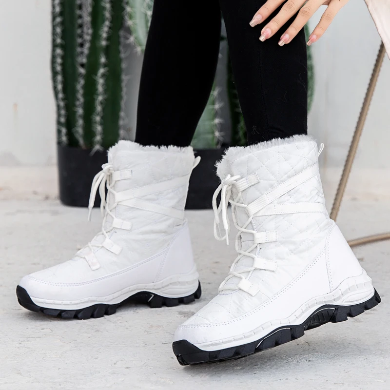 

Women Winter Boots Warm Plush Mid-Calf Woman Snow Boots Lace-up Outdoor Waterproof Hiking Boots Chaussures Femme Plus Size 42