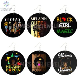 SOMESOOR Melanin Poppin Queen Curly Wooden Drop Earrings Black Girl Magic Goddess Art Printed Afro Loops Dangle For Women Gifts