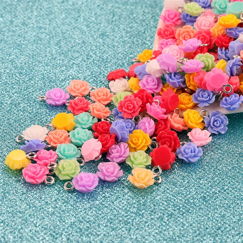 50pcs/lot Mixed Color Resin Rose Flower Charms Pendants DIY Bracelet Keychain For Jewelry Making Accessories Gift