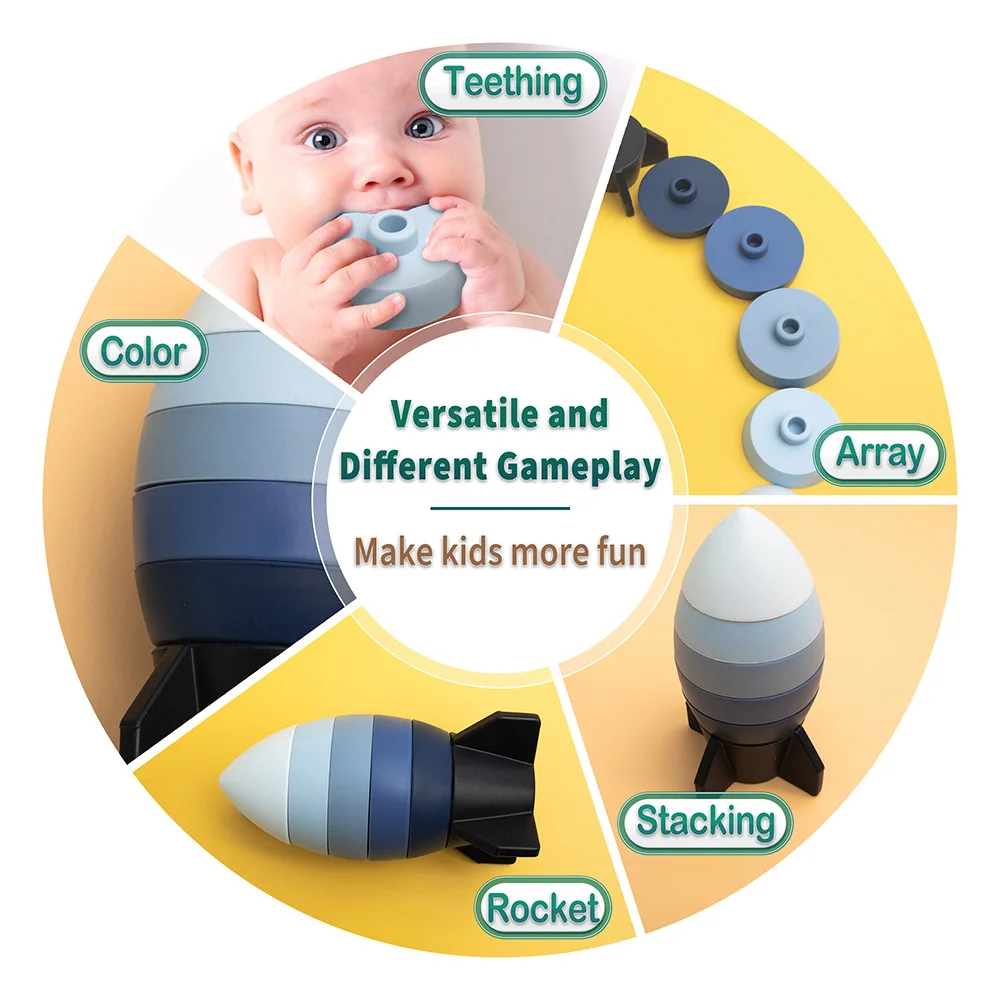 TYRY.HU 아기 장난감 실리콘 빌딩 블록, 실리콘 티더 로켓 소프트 블록, 교육용 몬테소리 장난감 쌓기 블록, 6 개