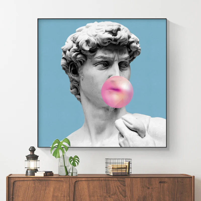 Large Size Modern Pictures David Blowing Pink Bubble Canvas Painting For Living Room Decor Wall Art Print David Sculpture Prints