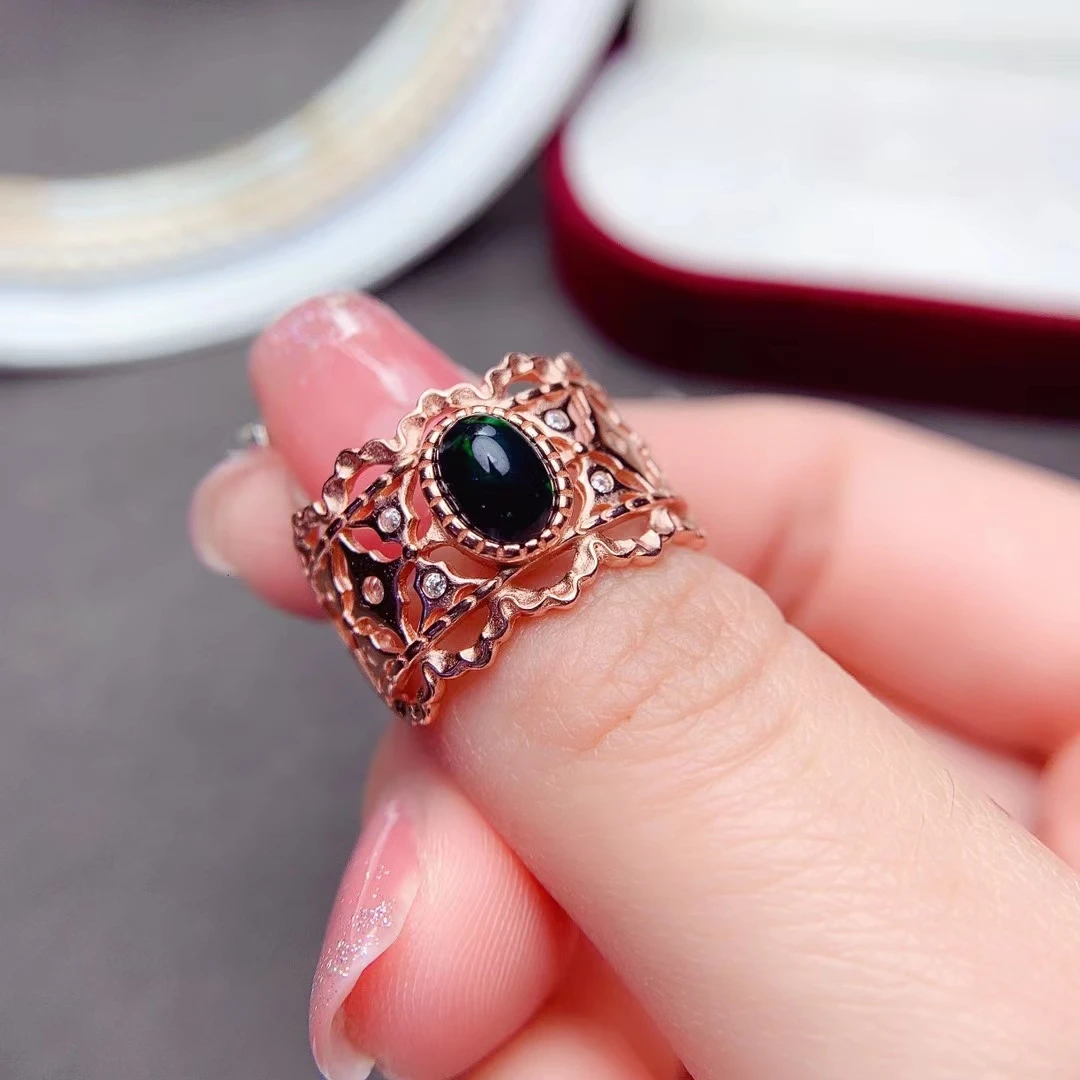 2021 New Natural Black Opal Ring Real 925 Sterling Silver Gold Plated Fine Jewelry Good Colorful Fire Secret Birthstone