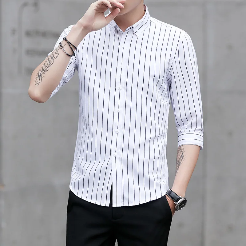 MRMT 2024 Brand Spring and Summer New Men's Shirt Striped Seven-point Sleeve Shirt for Male Lapel Slim Tops Shirt