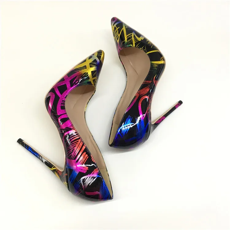 Sexy women thin high heels patent women pumps party shoes printed dress heels 12cm heels