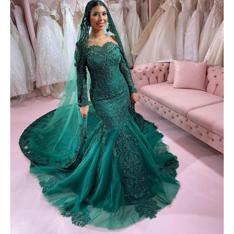 

2022 Arabic Aso Ebi Hunter Green Mermaid Prom Party Dresses With Long Sleeves Lace Appliques Plus Size Formal Evening Occasion