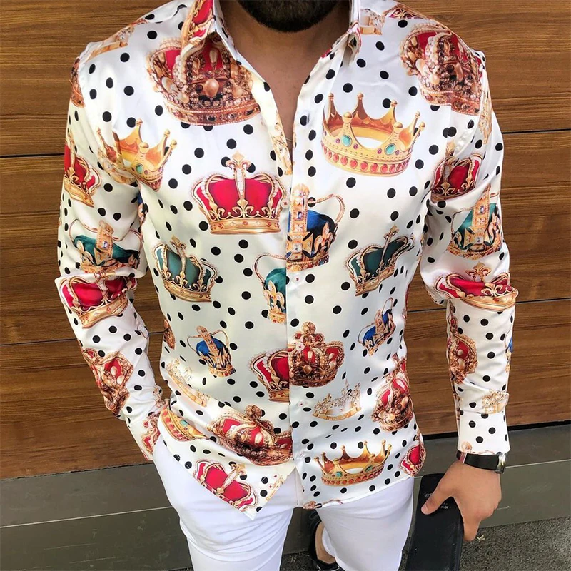 Camicie stampate da uomo con corona di lusso autunnale 2021 nuove camicie Casual Slim a manica lunga Streetwear Social Party Clothes chemise homme