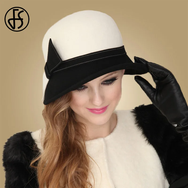 FS Szerokie rondo Białe wełniane kapelusze Bow Bowler Fedora Hat Dla kobiet Chapeau Femme Feutre Winter Cloche Ladies Church Felt Fedoras Caps