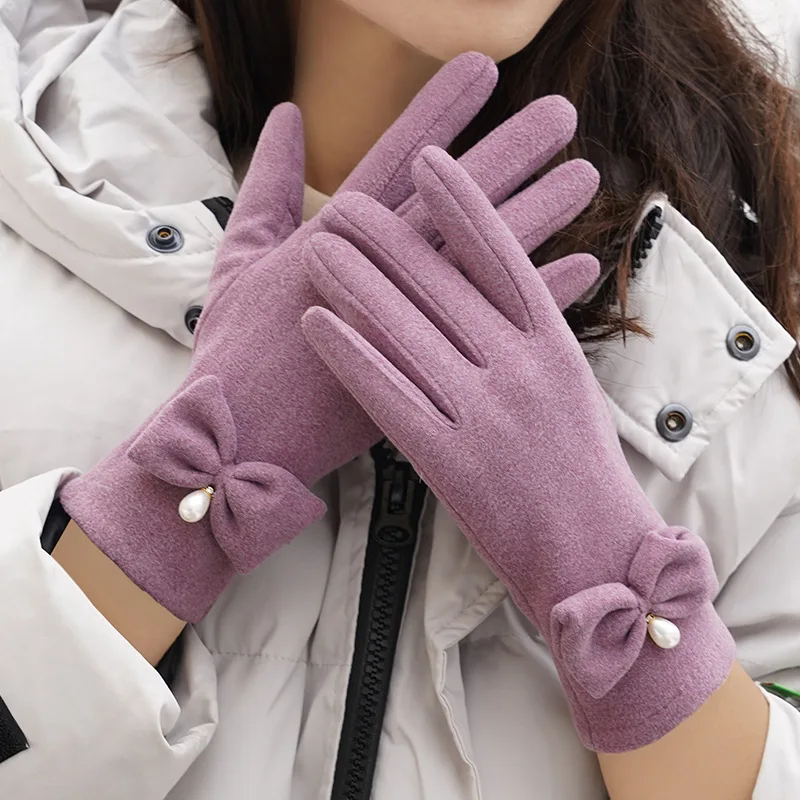 Guantes de lana fina para mujer, manoplas de terciopelo con arco y perlas para pantalla táctil, elegantes, a la moda, para ciclismo