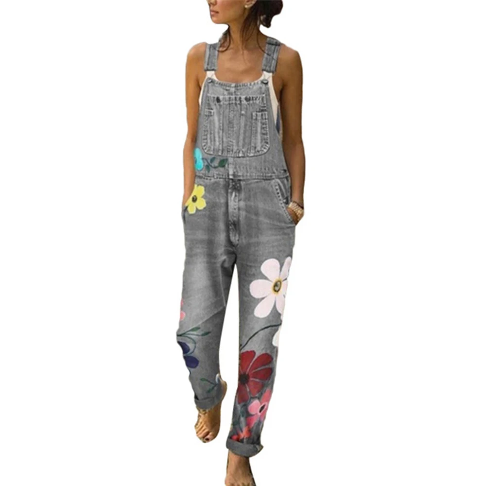 

Women Vintage Sleeveless Spaghetti Strap Floral Print Jeans Overalls Ladies Casual Jean