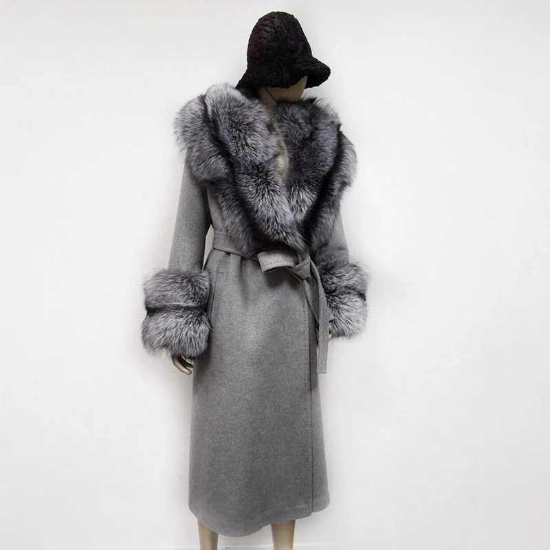 120cm Long Winter Fashion Real Silver Fox Fur Wool Blend Coats Women Warm Overcoats Natural Fox Fur Cashmere Wool Overcoat Warm