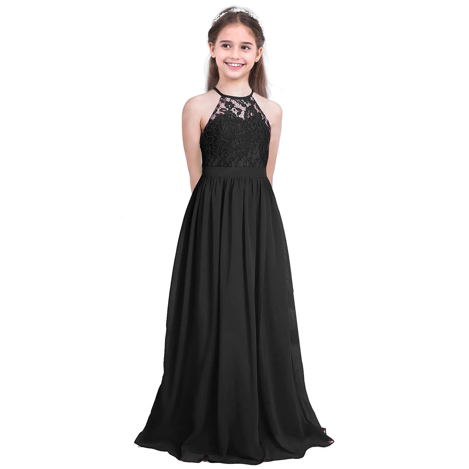 TiaoBug-vestido de encaje de gasa sin mangas para niña, vestido de flores con cuello Halter, vestido de princesa para desfile, corte en A, vestido Formal ahuecado para fiesta de boda, novedad