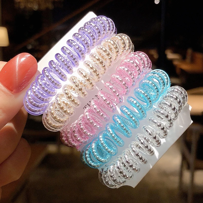 2020 Women Girls Candy Color Silver Ball Rubber Band Spiral Shape Headwear Hair Rings Elastic Hair Band Telephone Wire Line Hair