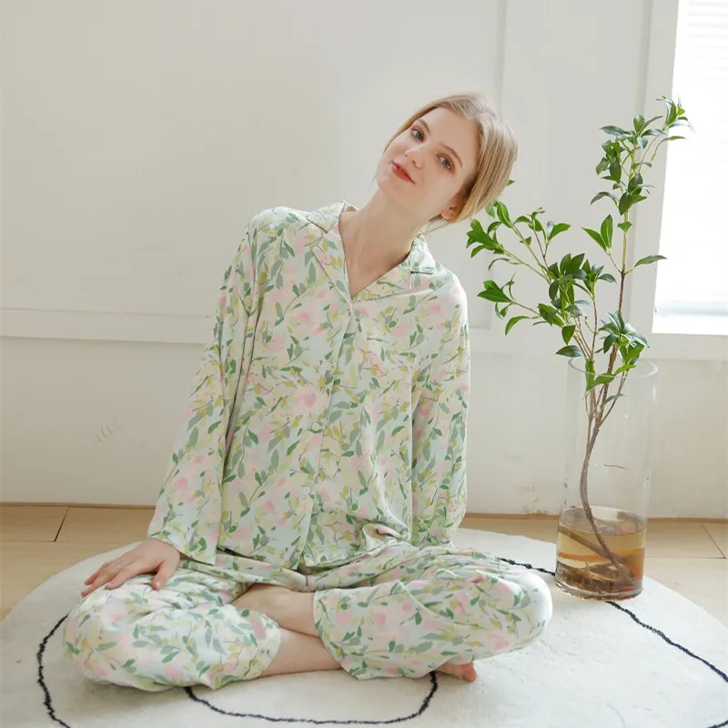 New Fashion Soft Viscose Women\'s Long Sleeve Pajama Sets Floral Prited Loose Sleepwear Suits Home Clothes Plus Size