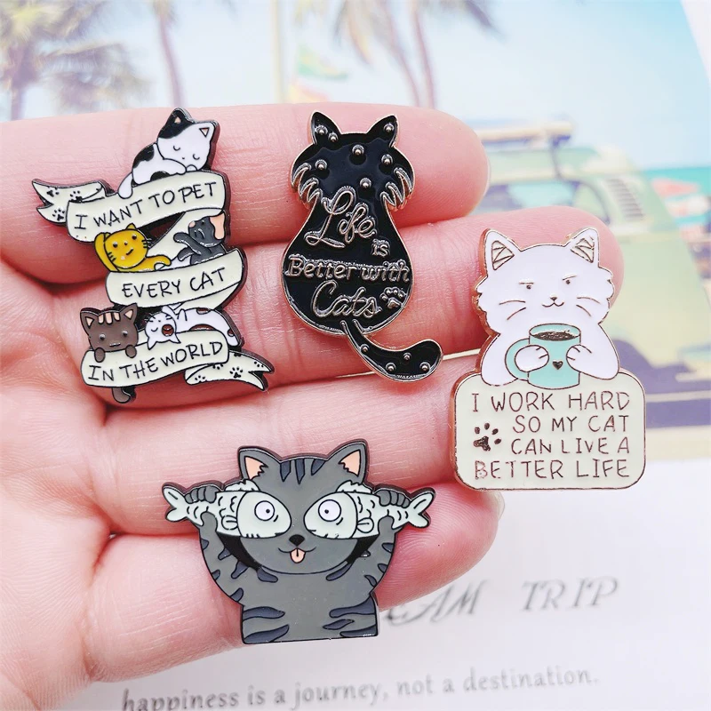 Cartoon Fun Animal Cat Enamel Pins Love Drinking Water Eating Fish Black Cat Back View Brooch Alloy Badge Fashion Woman Jewelry