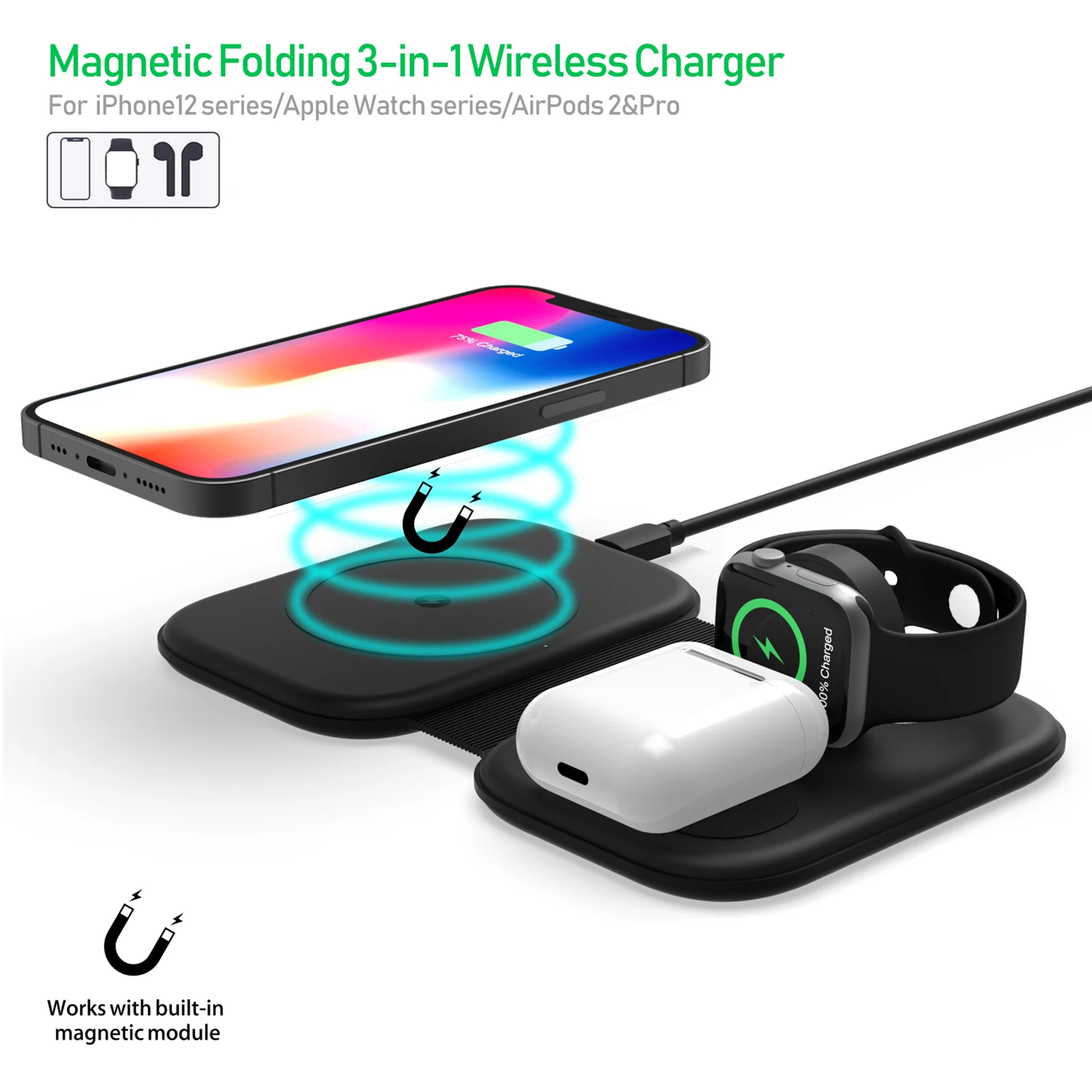 

3 In 1 Magnetic Wireless Charger QI 15W Fast Charging Station For IPhone 12 Pro Max Chargers For Apple Watch Airpods