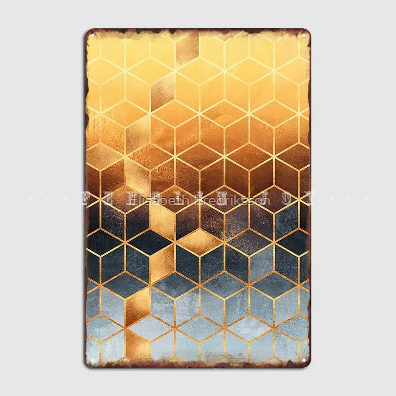 Golden Gradient Cubes Metal Plaque Poster Cinema Garage Kitchen Design Plates Tin Sign Posters