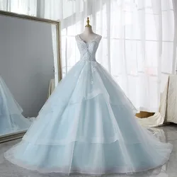 2024 Boho Beach Wedding Dress Ice Blue Inner Double Lace Ruffle Sexy V-neck Backless A-line Princess Vestido De Noiva Customized