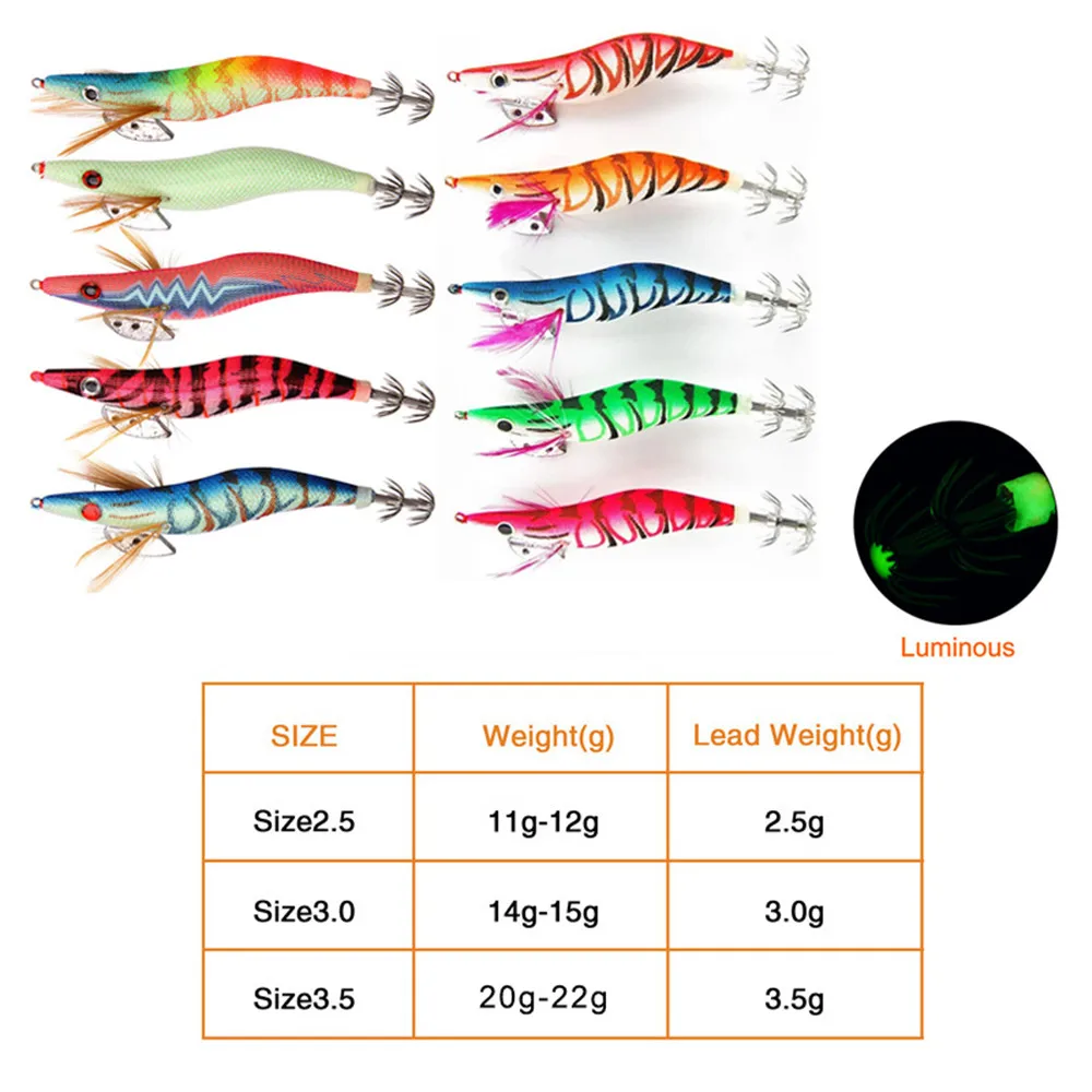 10/20Pcs Squid lures fishing saltwater glow Shrimp Jig heads Wood Bait Octopus lures 3D Eyes Cuttlefish Artficial wooden baits