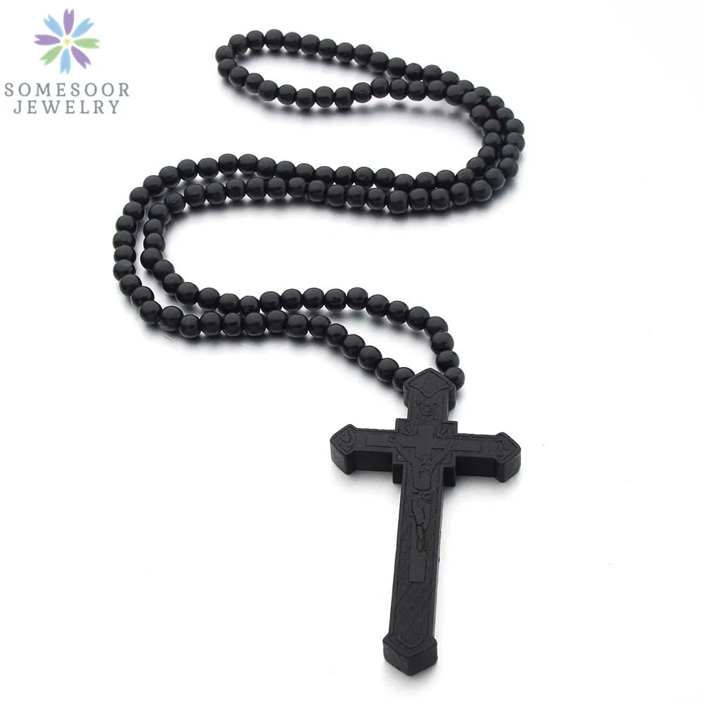 SOMESOOR Christian Cross Wooden Pendant Necklace Engraved 45cm Beads Chain Fashion Jesus Religious Jewelry For Men Women Gift