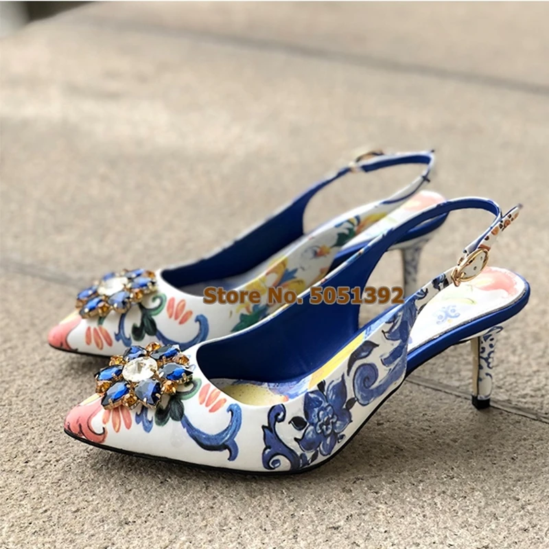 Women High Heel Slingback Pumps Cut Out Pointed Toe Crystal Glittering Rose Wedding Shining Dress Shoes Jewelry