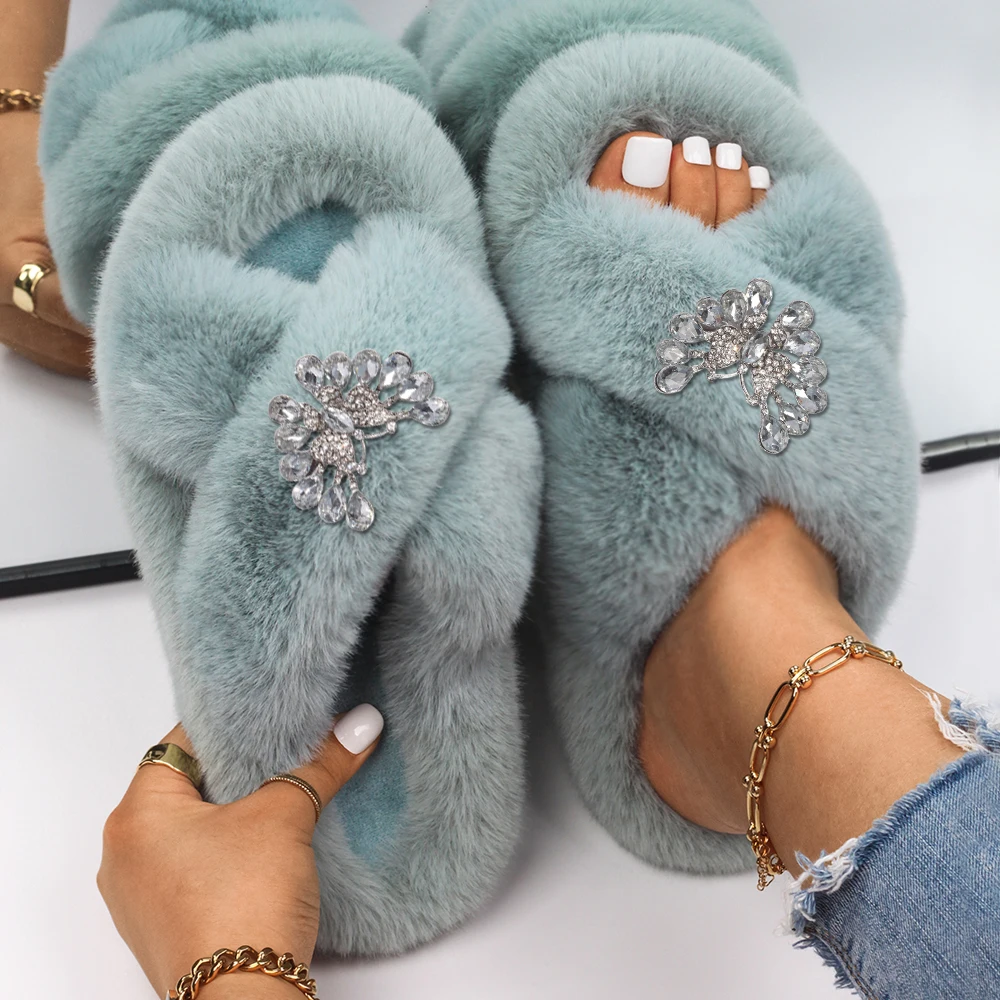 Women Sandals Fluffy Slippers Luxury Designer Crystal Butterfly Furry Slides Ladies Flip Flops Outdoor Slippers Brand Shoes 2022