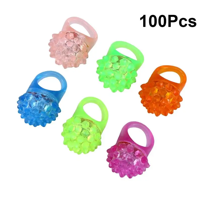 100pcs Glowing Strawberry Rings Light LED Ring Finger Light Up Jelly Bumpy Rings Flashing LED Bubble Rave Party Color Favors