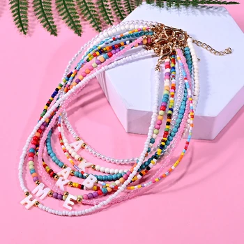 Bohemia Beaded Choker Necklace For Women Short Boutique DIY A-Z Letter Shell Pendant…