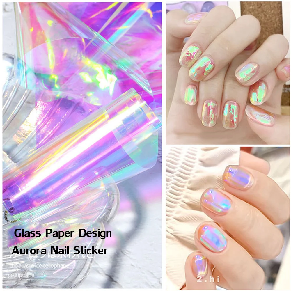 1 Box Aurora Nails Foil Film Sticker Cellophane Paper Korean Nail Glass Foils Trend Design Ice Cube Manicure Nail DIY Decoration