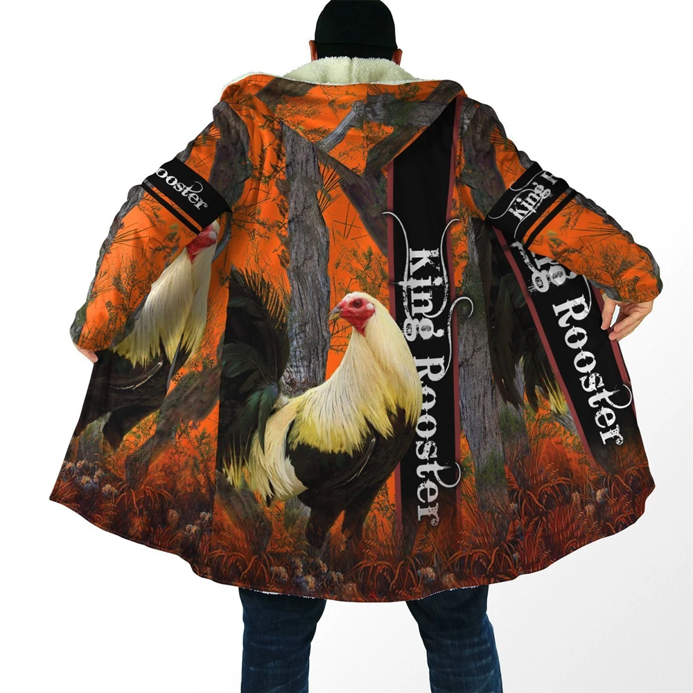 New Fashion Mens Hooded Cloak Beautiful Rooster 3D Print Fleece Coat Winter Thick Warm Cape NF18