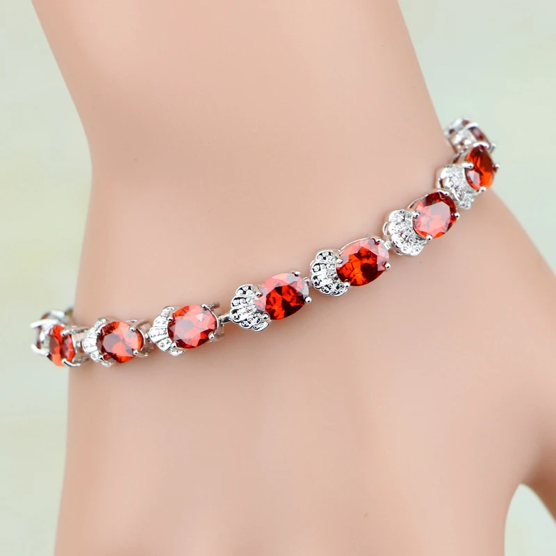 Punk Oval Shield Shaped Red Garnet Rhinestone 925 Sterling Silver Chain Link Bracelet Charm Vintage For Women Christmas Gift