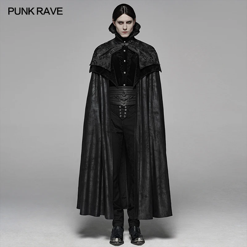 PUNK RAVE Men Noble Gothic Men's Black Long Cloak Stand Collar Embossed Velvet Cape Vampire Renaissance Halloween Coat WY1079