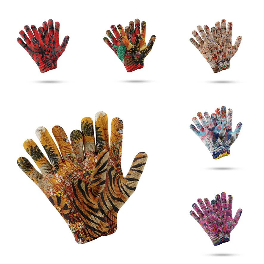 3d Tiger Muster Handschuhe Verdicken Damen herren Warme Stretch Stricken Handschuh Winter Skifahren Eis Angeln Radfahren Sport Handschuh