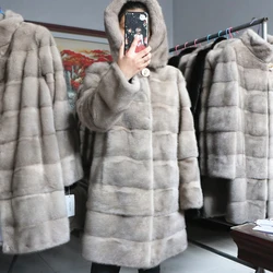 Fancy Rani Real Mink Fur Coats Hooded New Mink Velvet Luxury Natural Women Winter Thick Loose Warm Outwear Plush Jacket Female