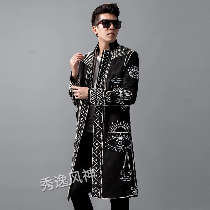 Autumn New Blazer Men Clothing Pearl Rivet Beaded Long Suit Trench Coat Embroidery Fashion Jacket Male Singer Stage Windbreaker