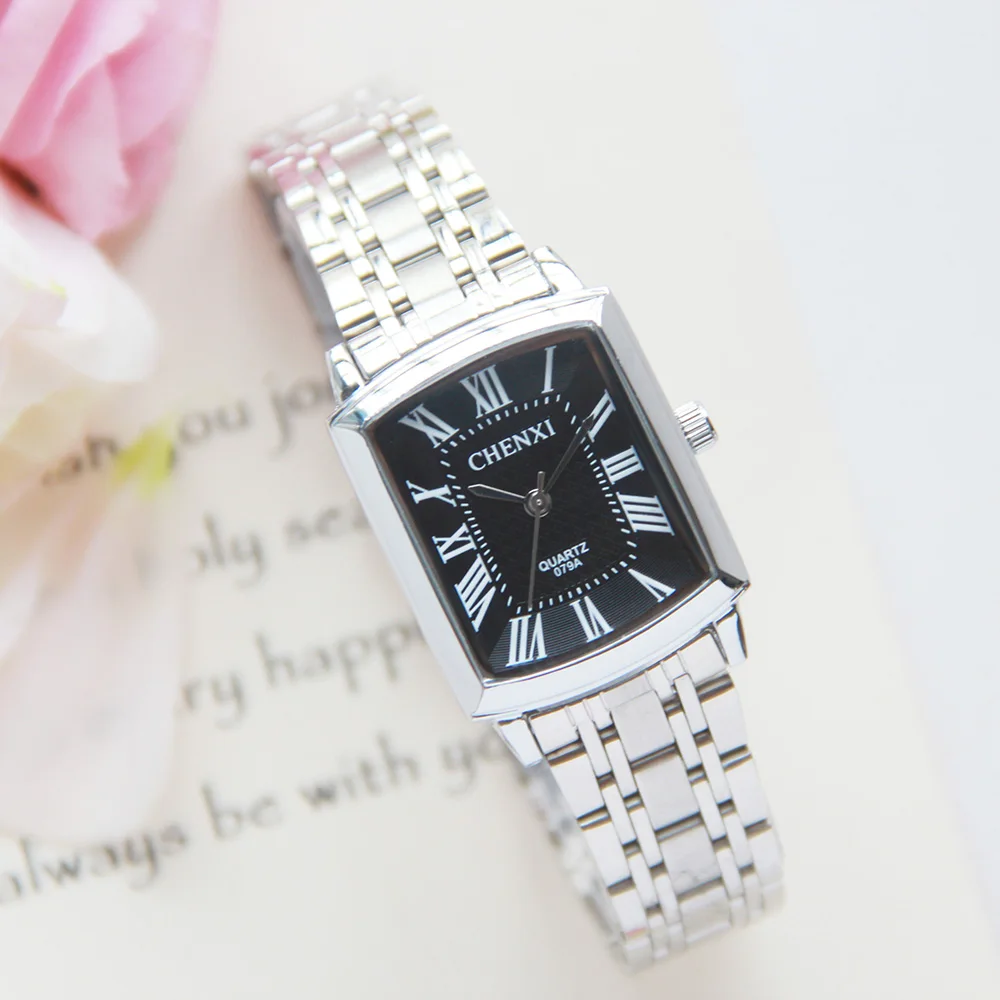 CHENXI Square Women Watch Roman Numeral Silver Stainless Steel Quartz Watches Men Lover\'s Lady Clock Retro Casual Couple