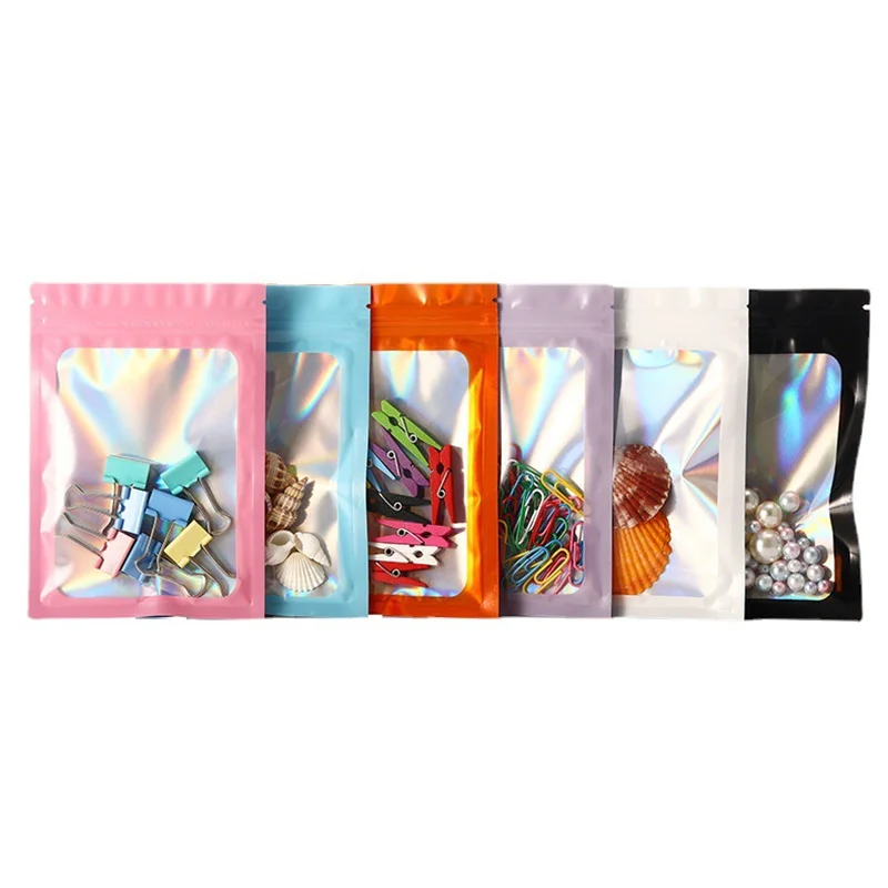 1000Pcs/Lot Clear Window Laserr Colour Plastic Aluminum Foil Zip Lock Package Bags Zipper Mylar Foil Bag Jewelry Gift Bag