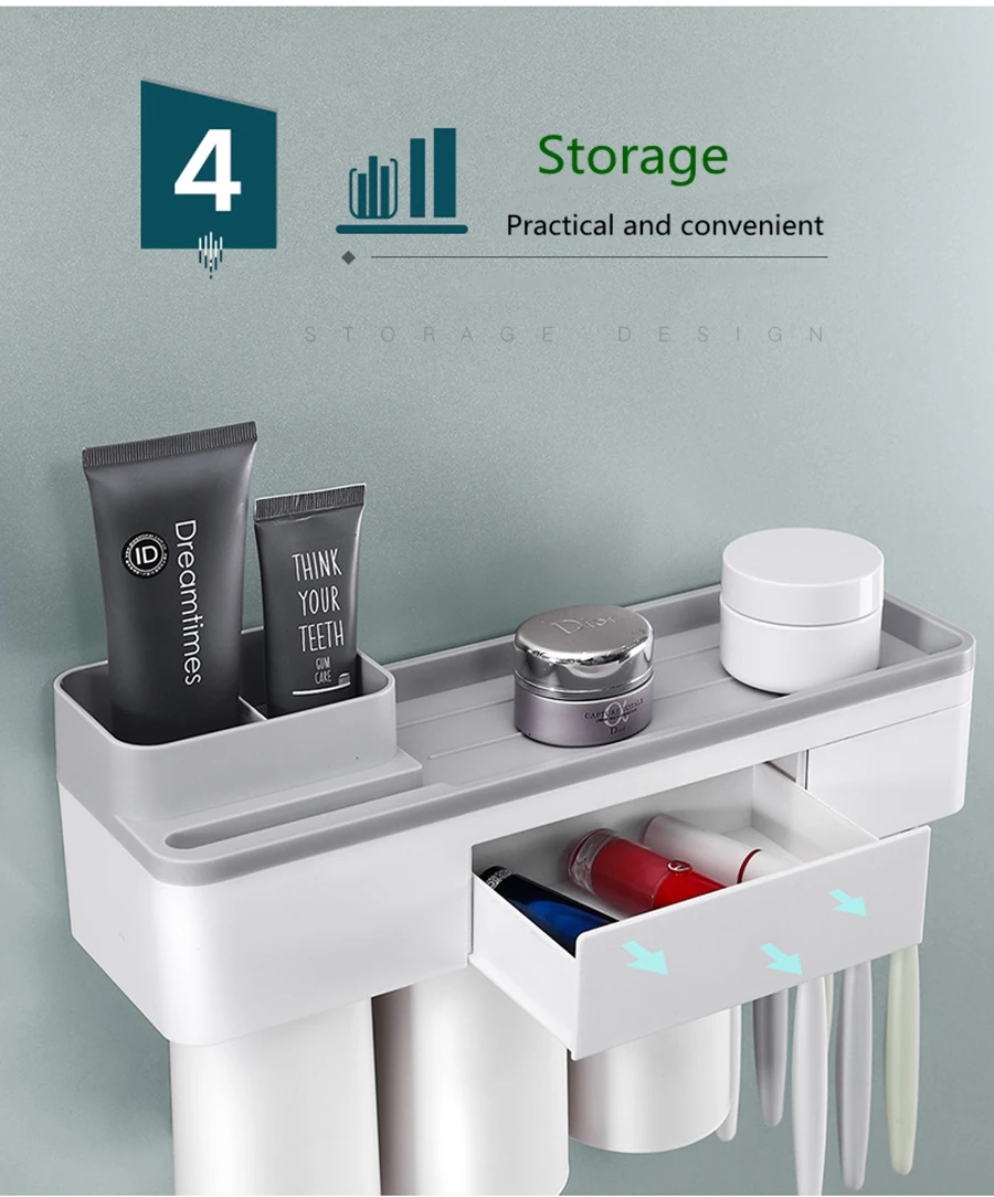 Top Sell Toothbrush Holder Automatic Toothpaste Dispenser With Cup Wall Mount Toiletries Storage Rack Bathroom Accessories Set