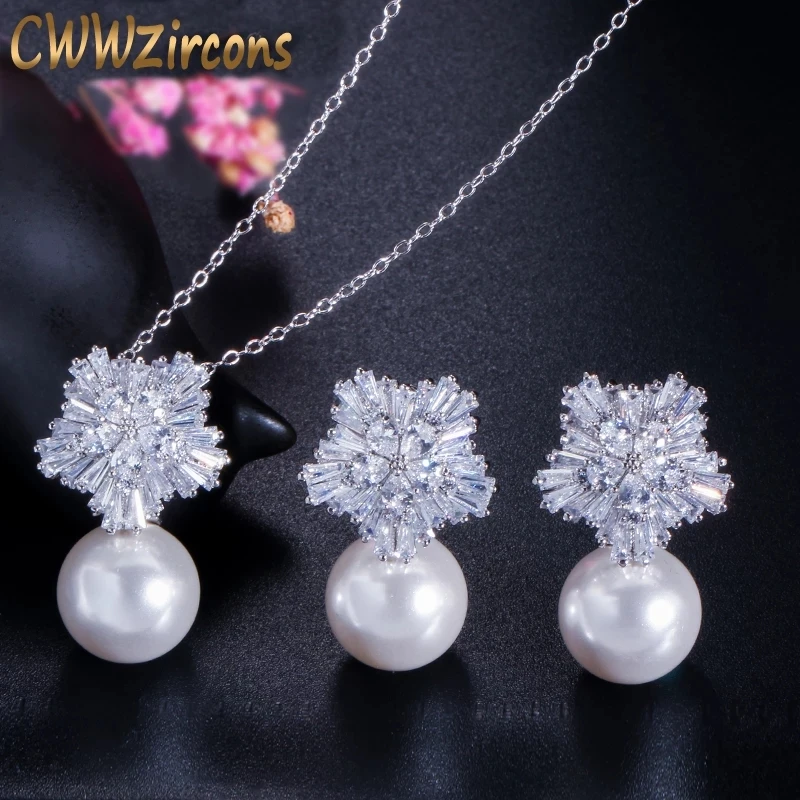 CWWZircons Top Quality Silver Color AAA+ Cubic Zirconia Flower Women Big Pearl Necklace Pendant and Earrings Jewelry Sets T049