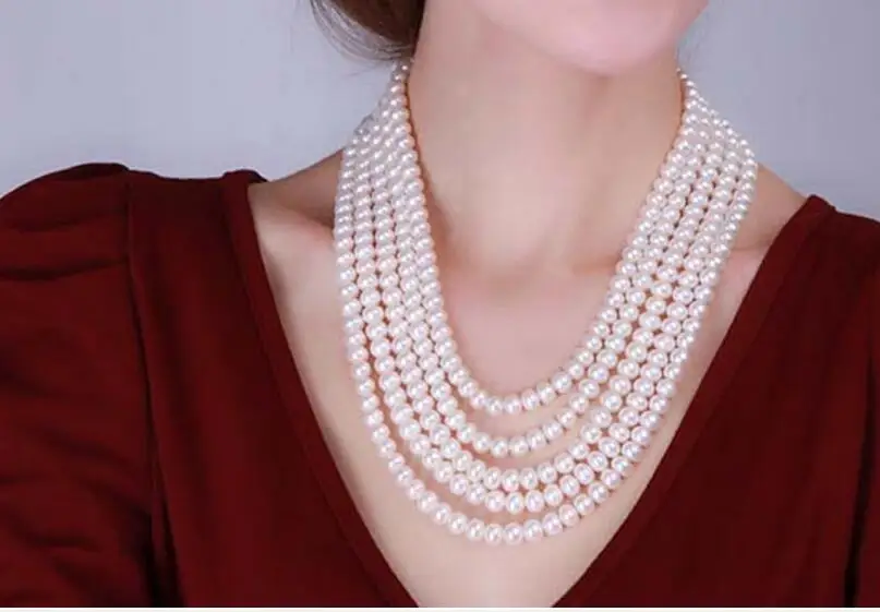 5 Layers 7x8mm bright white pearl necklace natural freshwater pearl Jewelry 35cm 14inch 43cm 17inch