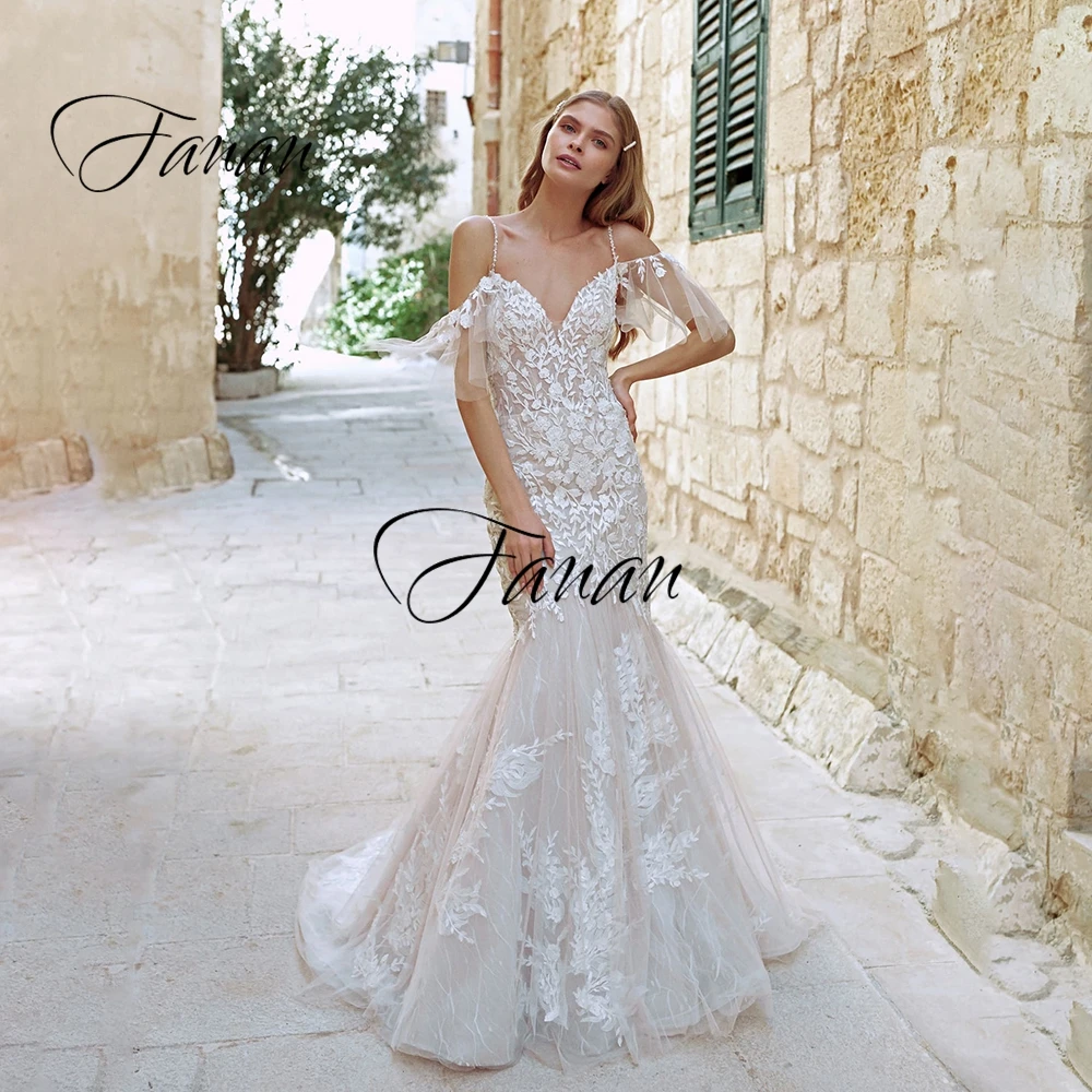 Customized Sexy V-Neck Cap Sleeve Wedding Dress Lace Appliques Mermaid Bridal Gown Spaghetti Straps Backless robe de soirée  mar