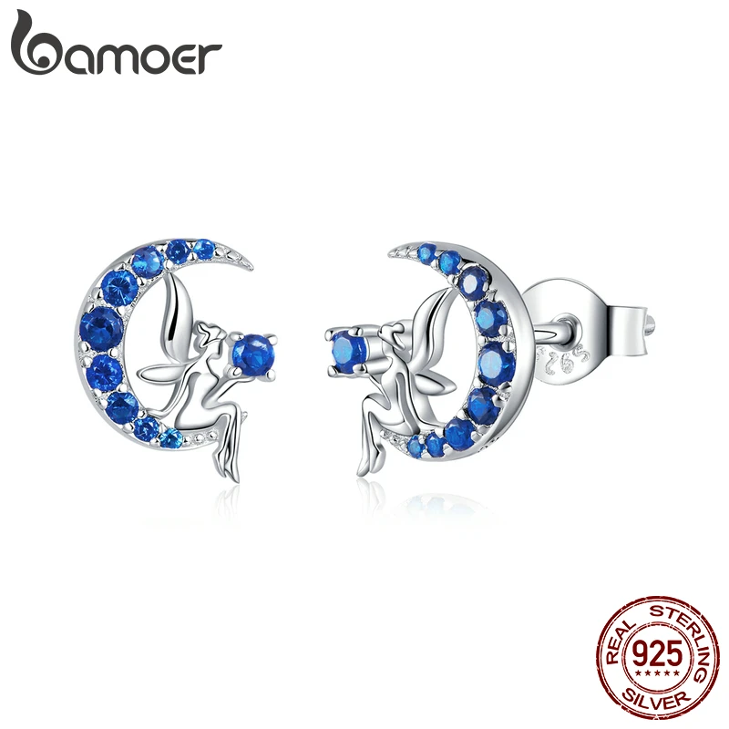 Bamoer Genuine 925 Sterling Silver Blue Zircon Crescent Moon Stud Earrings Cat on the Moon Fairy Ear Pins for Women SCE880