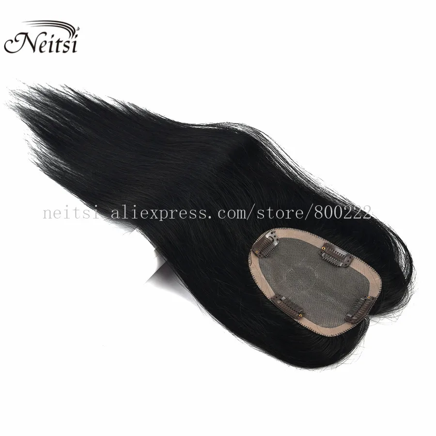 Neitsi  9x13 cm Women Remy Hair Topper Natural Straight Lace Base 4 Clips Toupee Hair System 16 Inches 150% Density Black Brown