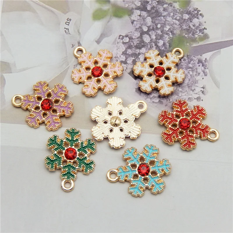 6PCS Enamel Snowflake Charms Rhinestone Mix Colors Christmas Decor Necklace Keychain Pendant Bracelet Earring Jewelry Accessory