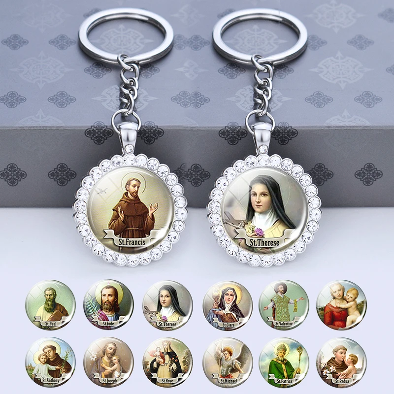 Saint Keychain Religious Gift Jewerly St Michael St Anthony St Therese St Joseph Rhinestone Pendant Keychains Keyrin